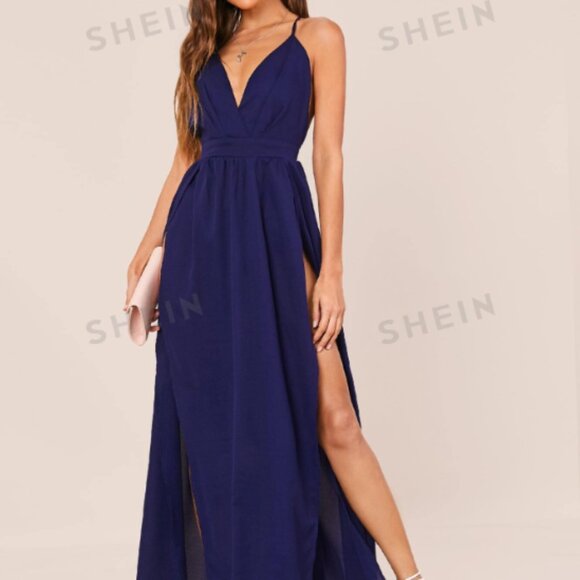 SHEIN Belle Solid Color Spaghetti Strap High Slit Dress Small Navy Blue - Picture 1 of 5